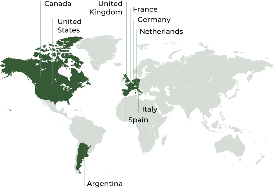 World map with Avoterra's nine export destinations labelled: Spain, the Netherlands, France, Germany, Italy, the United Kingdom, the United States, Canada and Argentina